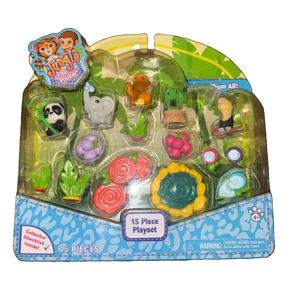 Jungle in My Pocket 15 Piece Playset Animal Figures Panda Monkey Snake Elephant